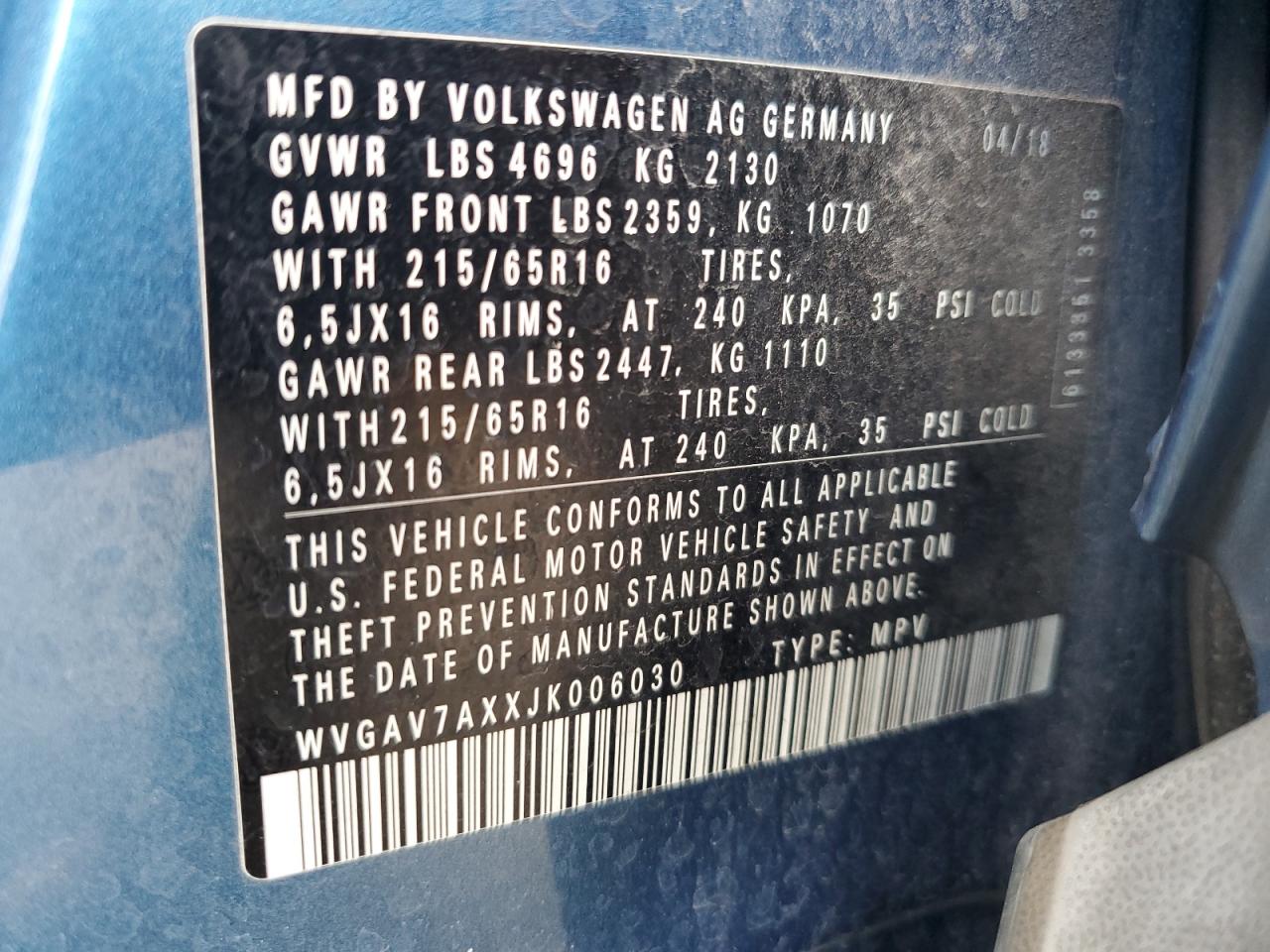 2018 Volkswagen Tiguan Limited VIN: WVGAV7AXXJK006030 Lot: 84971955