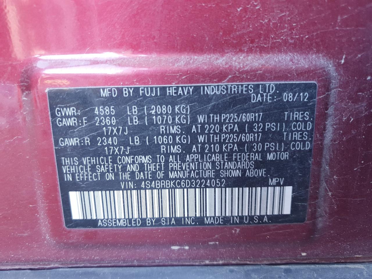 2013 Subaru Outback 2.5I Limited VIN: 4S4BRBKC6D3224052 Lot: 84956205