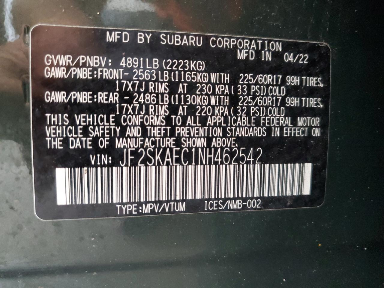 2022 Subaru Forester Premium VIN: JF2SKAEC1NH462542 Lot: 82187985