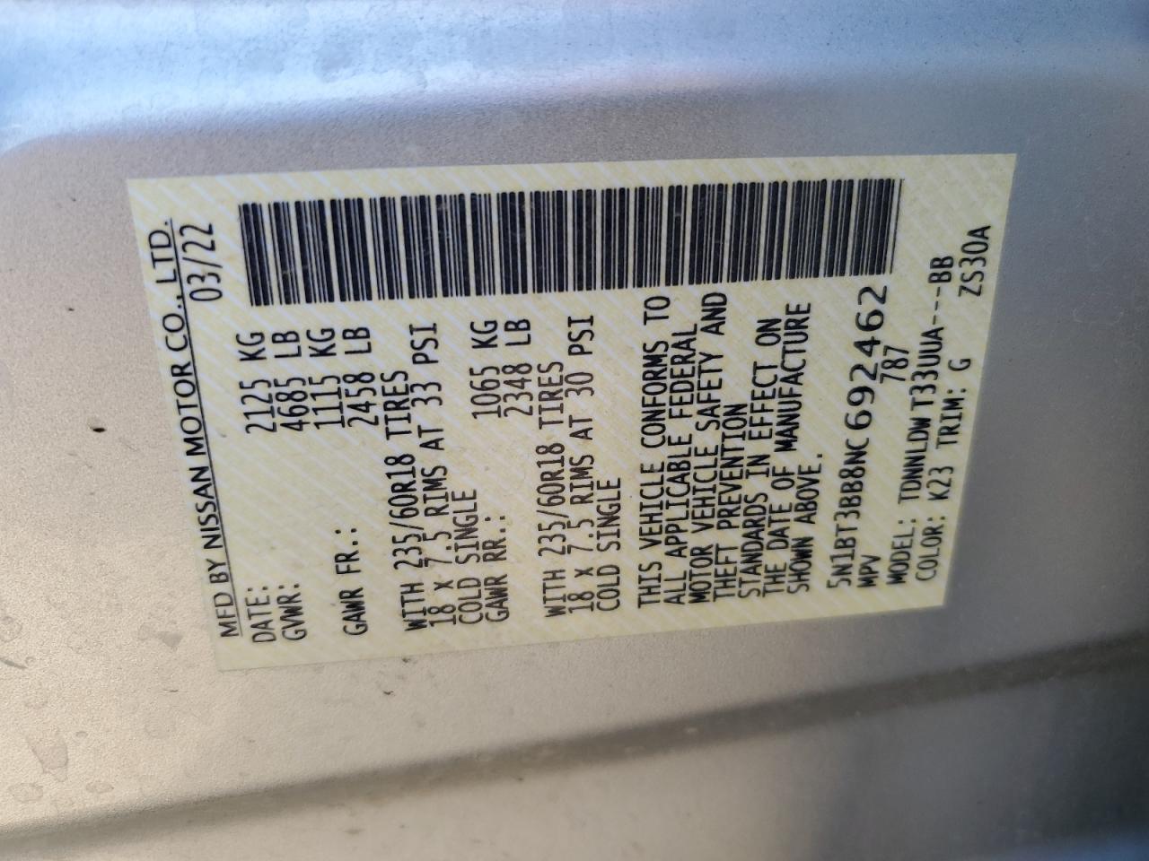 2022 Nissan Rogue Sv VIN: 5N1BT3BB8NC692462 Lot: 86586535