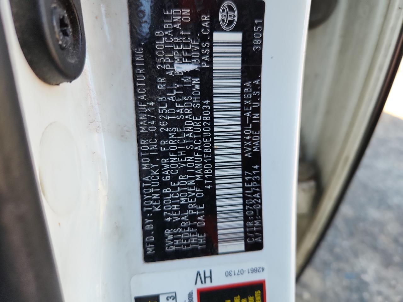 2014 Toyota Avalon Hybrid VIN: 4T1BD1EB0EU028034 Lot: 82359675