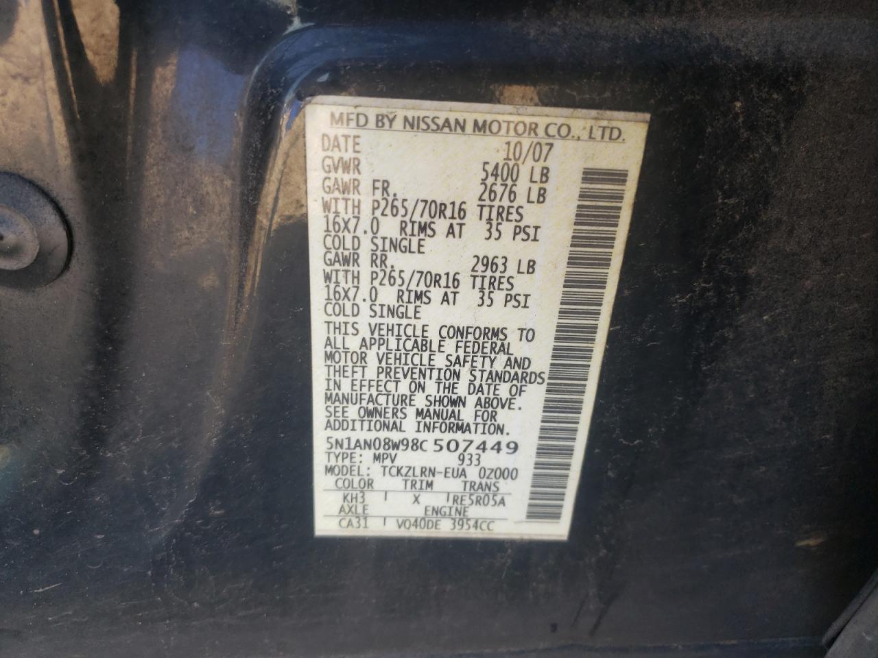 2008 Nissan Xterra Off Road VIN: 5N1AN08W98C507449 Lot: 71779975