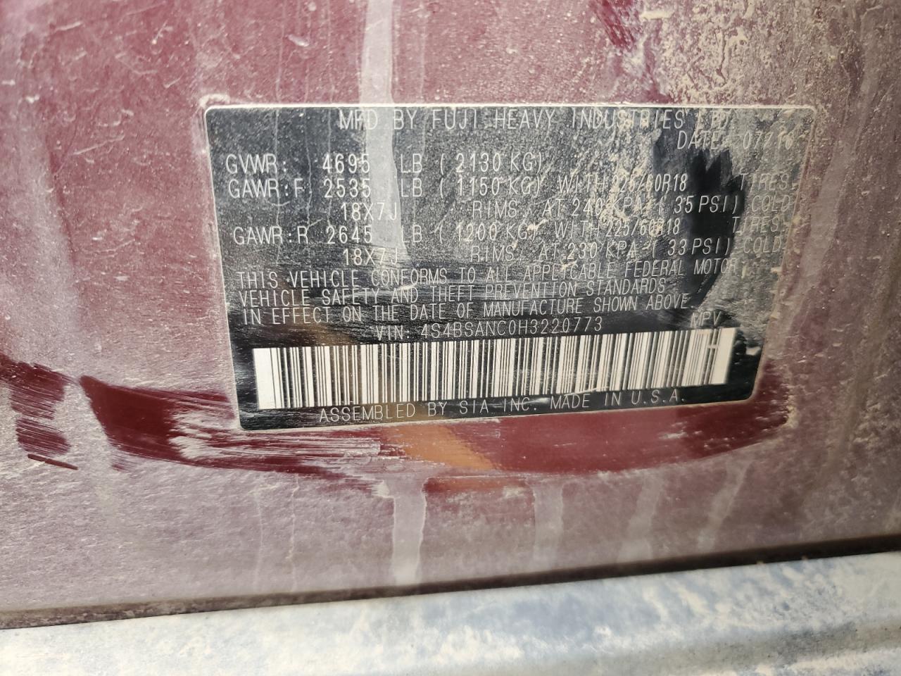 2017 Subaru Outback 2.5I Limited VIN: 4S4BSANC0H3220773 Lot: 90545345