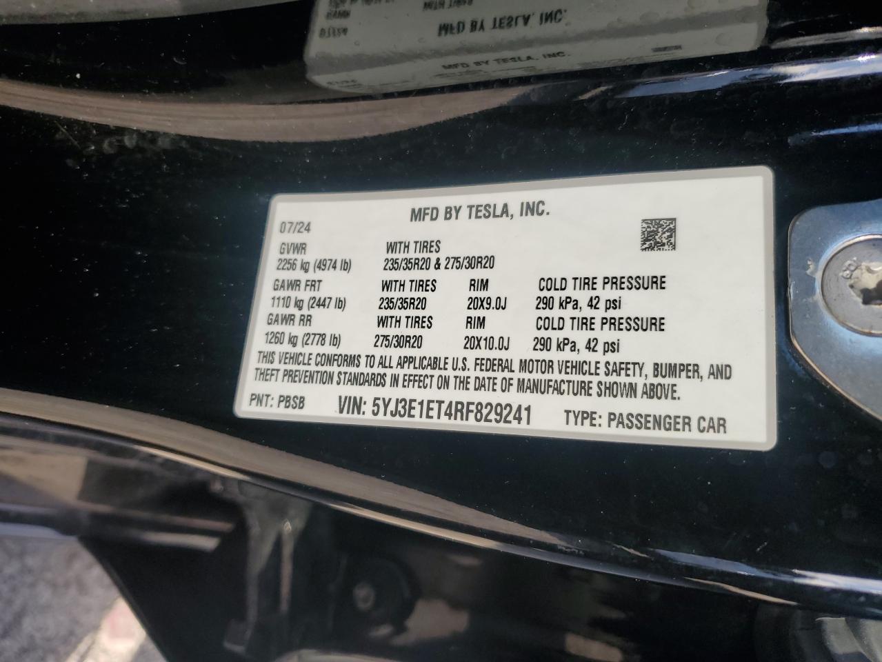 2024 Tesla Model 3 VIN: 5YJ3E1ET4RF829241 Lot: 90310305