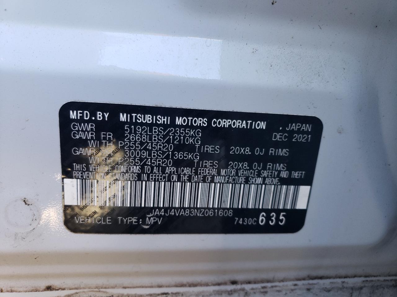 2022 Mitsubishi Outlander Sel VIN: JA4J4VA83NZ061608 Lot: 87283425