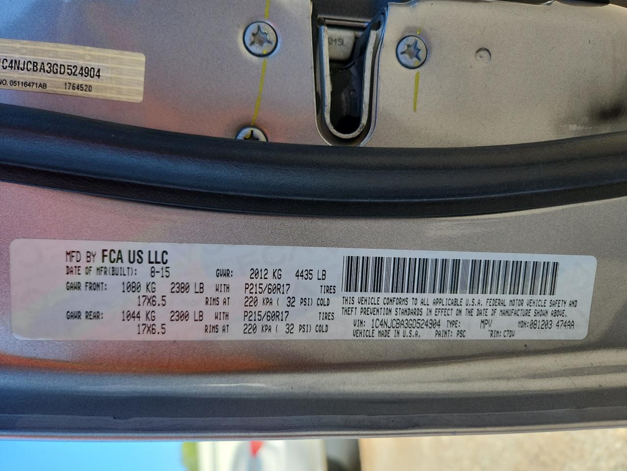 2016 Jeep Compass Sport VIN: 1C4NJCBA3GD524904 Lot: 87398785