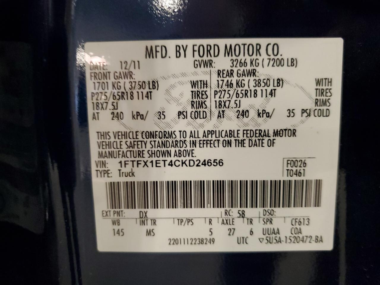 2012 Ford F150 Super Cab VIN: 1FTFX1ET4CKD24656 Lot: 81858775