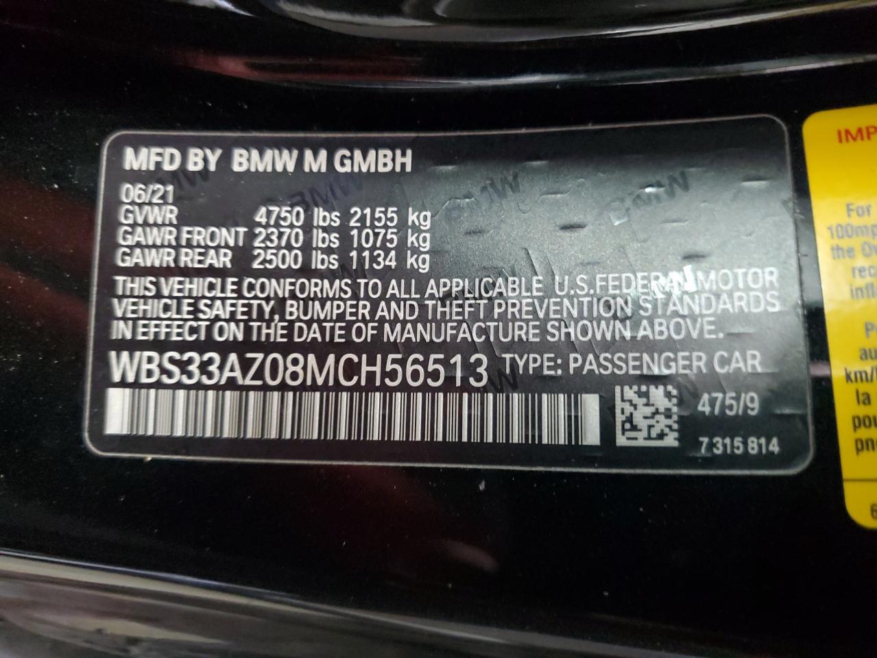 2021 BMW M4 Competition VIN: WBS33AZ08MCH56513 Lot: 84607785