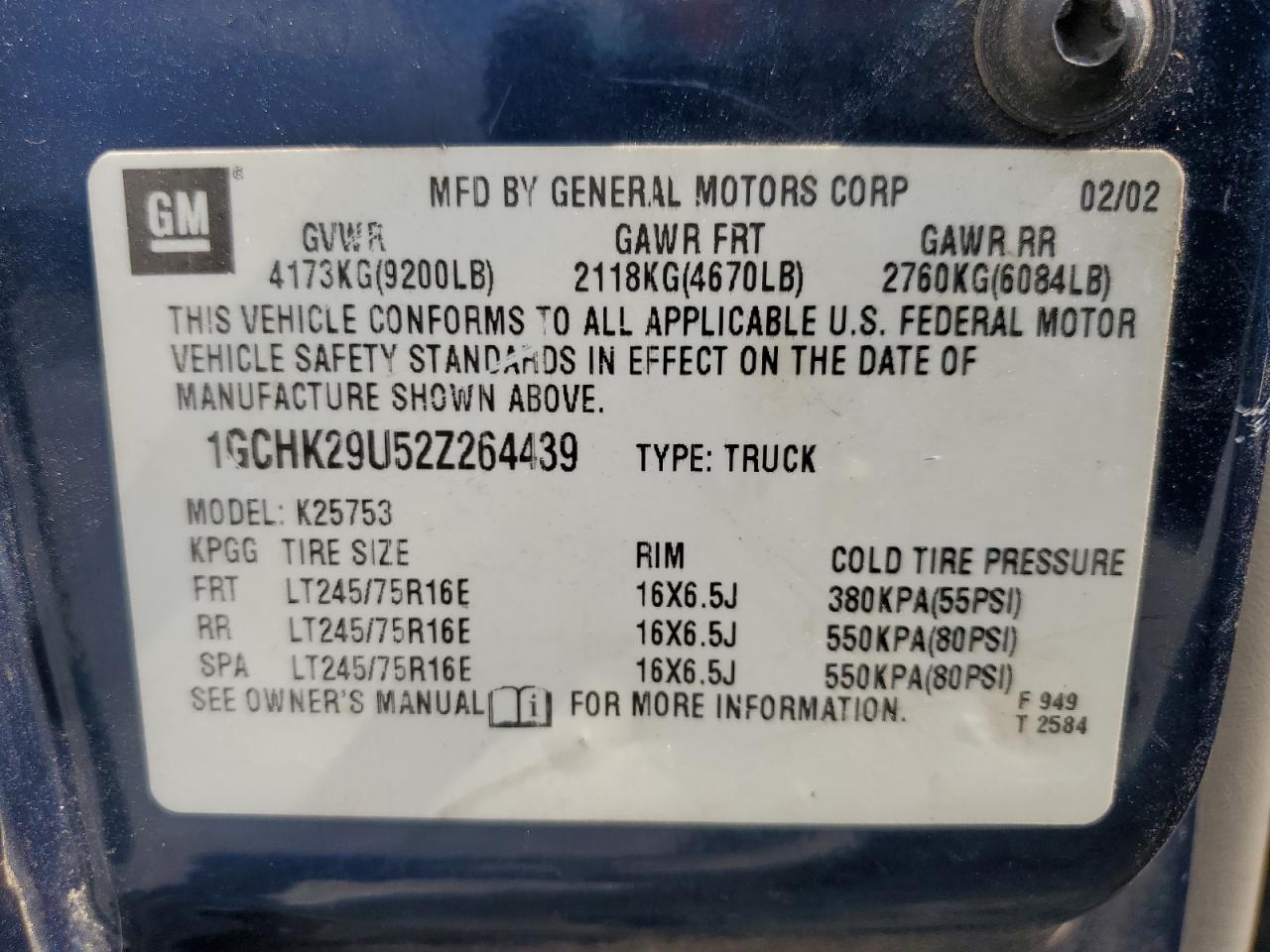 2002 Chevrolet Silverado K2500 Heavy Duty VIN: 1GCHK29U52Z264439 Lot: 86616125