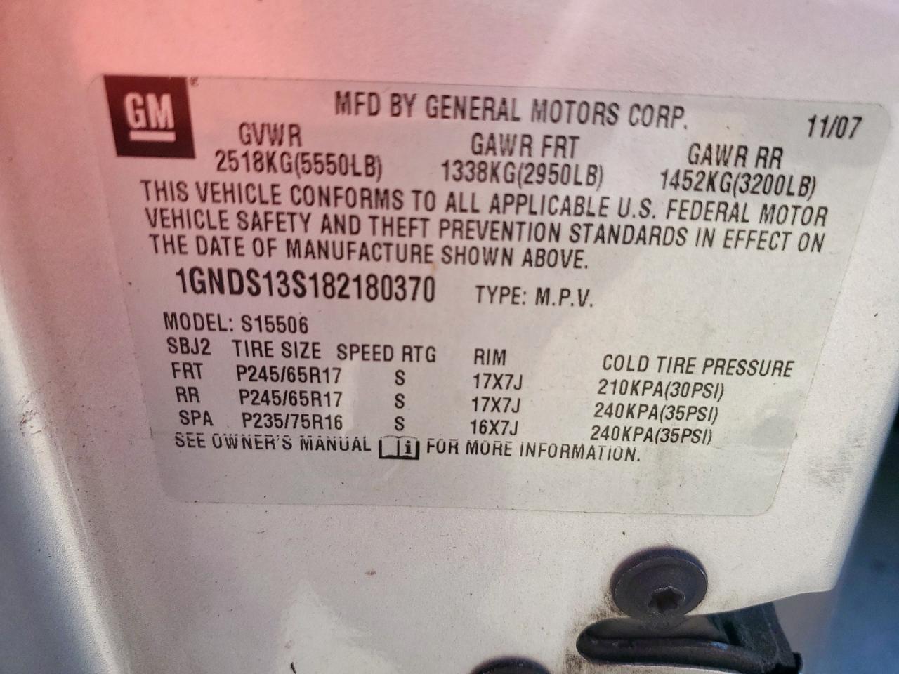 2008 Chevrolet Trailblazer Ls VIN: 1GNDS13S182180370 Lot: 86159075