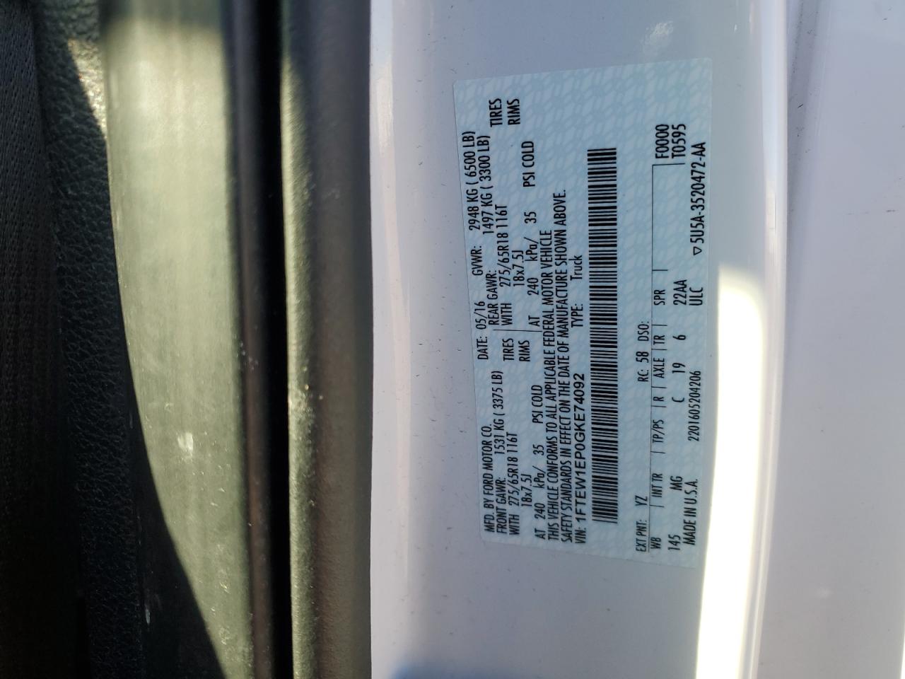 2016 Ford F150 Supercrew VIN: 1FTEW1EP0GKE74092 Lot: 90434165