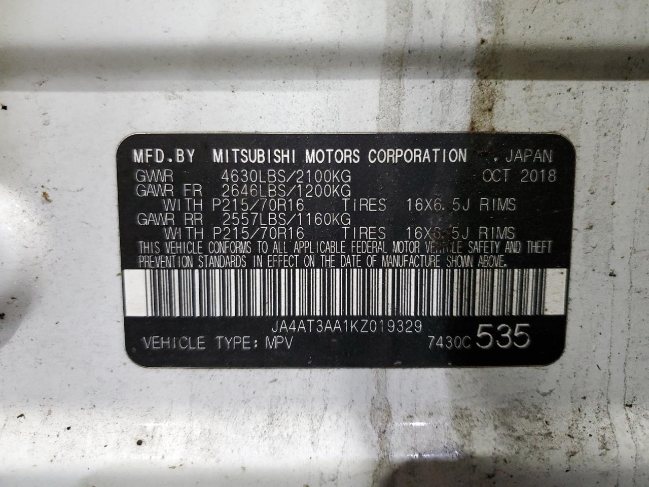 2019 Mitsubishi Eclipse Cross Es VIN: JA4AT3AA1KZ019329 Lot: 87208935