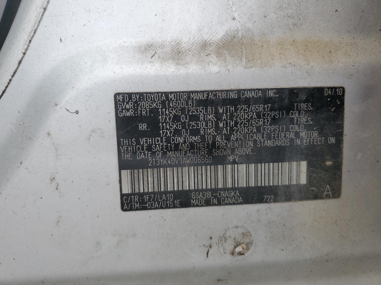 2010 Toyota Rav4 Limited VIN: 2T3YK4DV1AW006560 Lot: 82259565