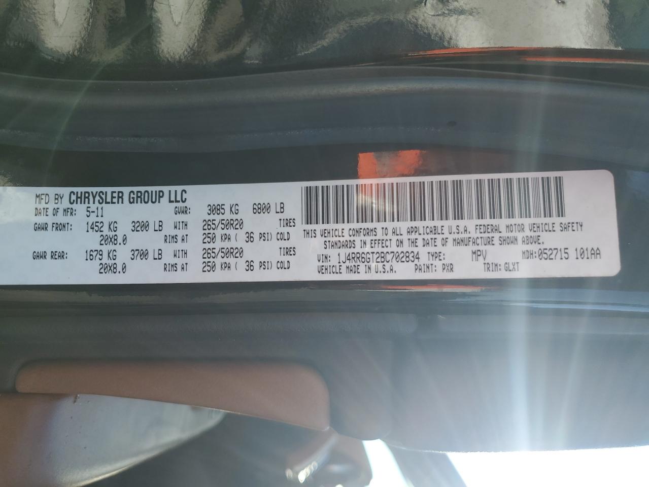 2011 Jeep Grand Cherokee Overland VIN: 1J4RR6GT2BC702834 Lot: 84695565