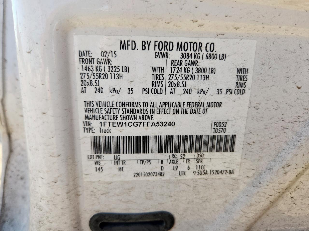 2015 Ford F150 Supercrew VIN: 1FTEW1CG7FFA53240 Lot: 85388255