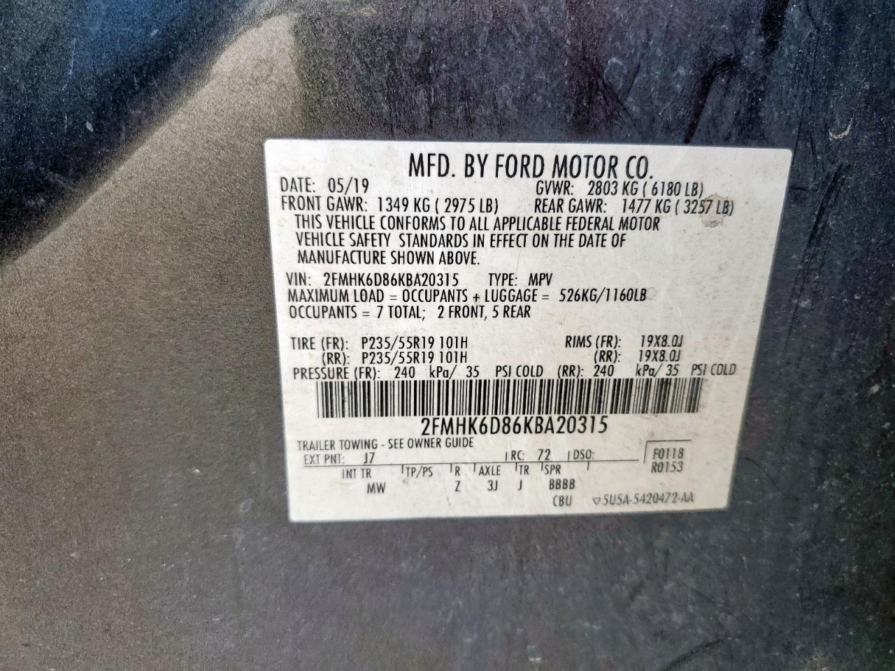 2019 Ford Flex Limited VIN: 2FMHK6D86KBA20315 Lot: 85304785