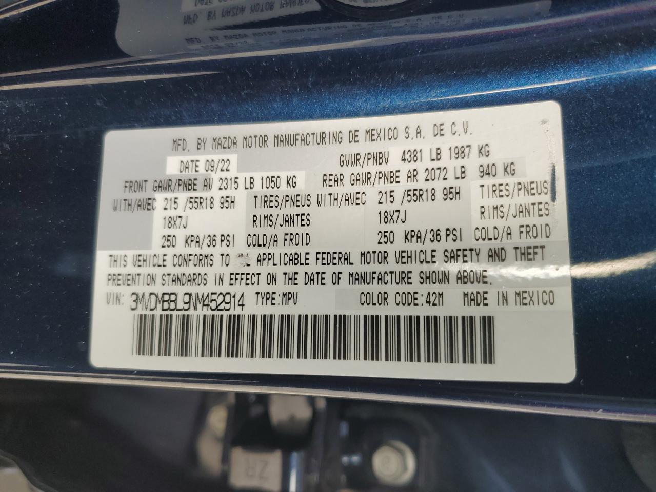 2022 Mazda Cx-30 Select VIN: 3MVDMBBL9NM452914 Lot: 86840205