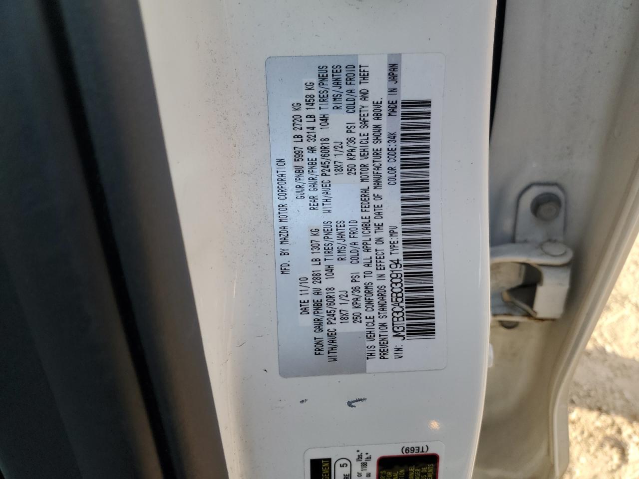 2011 Mazda Cx-9 VIN: JM3TB3CA5B0309194 Lot: 90397305