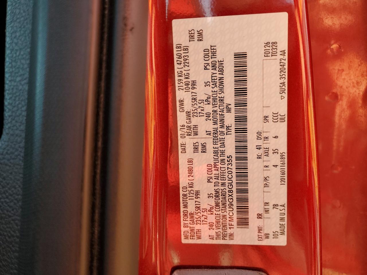 2016 Ford Escape Se VIN: 1FMCU9GX8GUC07355 Lot: 89875055