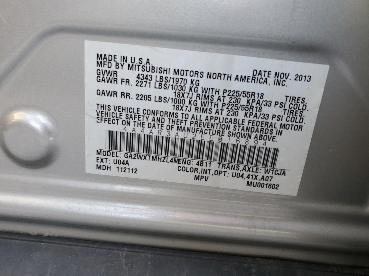 2014 Mitsubishi Outlander Sport Es VIN: 4A4AR3AU2EE016894 Lot: 90035325