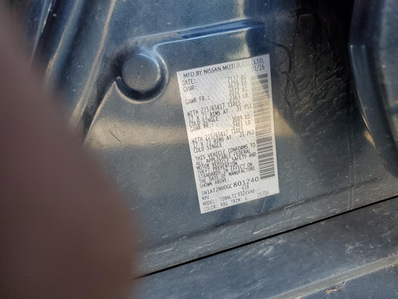 2016 Nissan Rogue S VIN: 5N1AT2MV0GC801240 Lot: 84696935