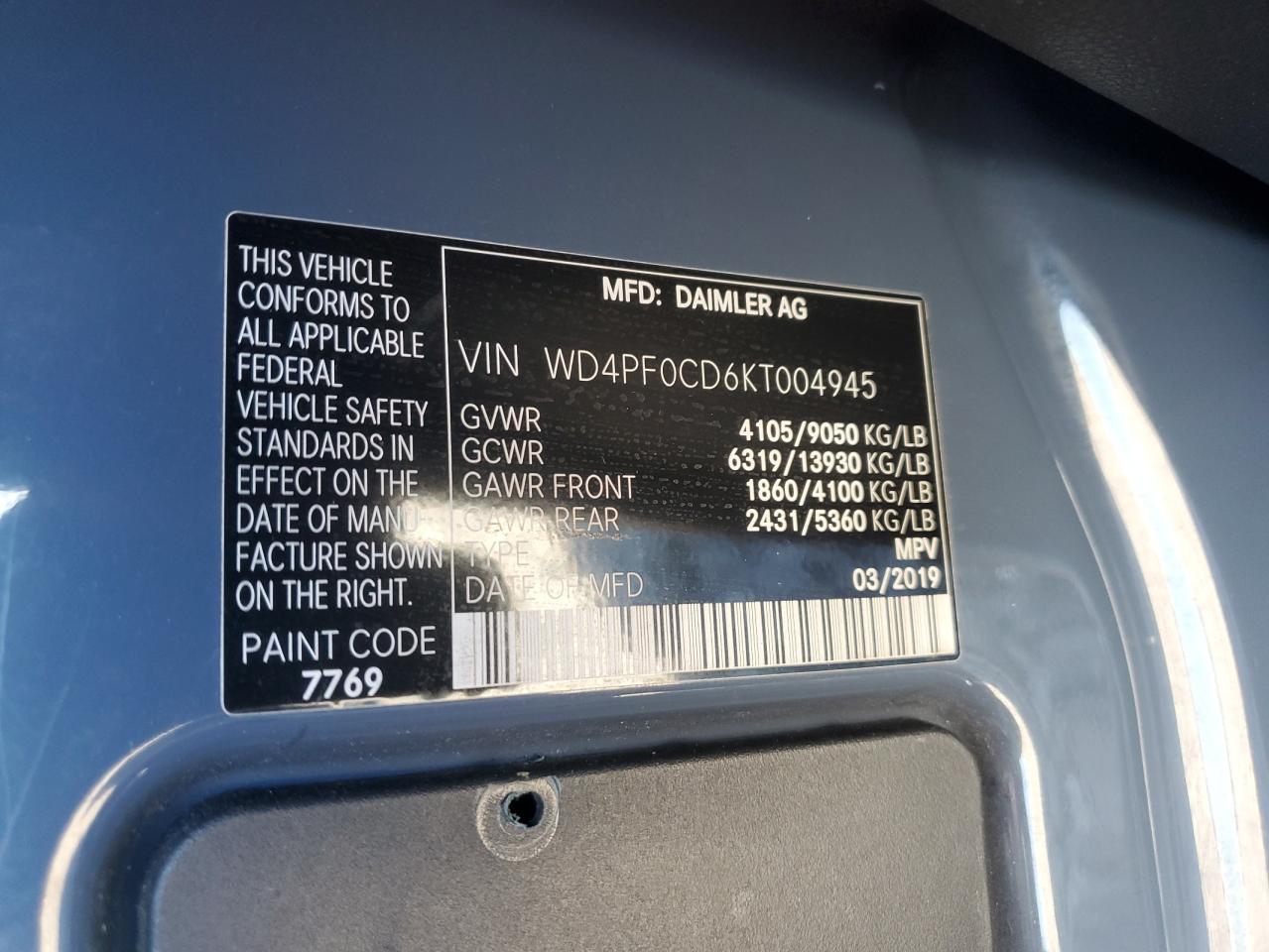 2019 Mercedes Benz Sprinter Delivery Van VIN: WD4PF0CD6KT004945 Lot: 90999645