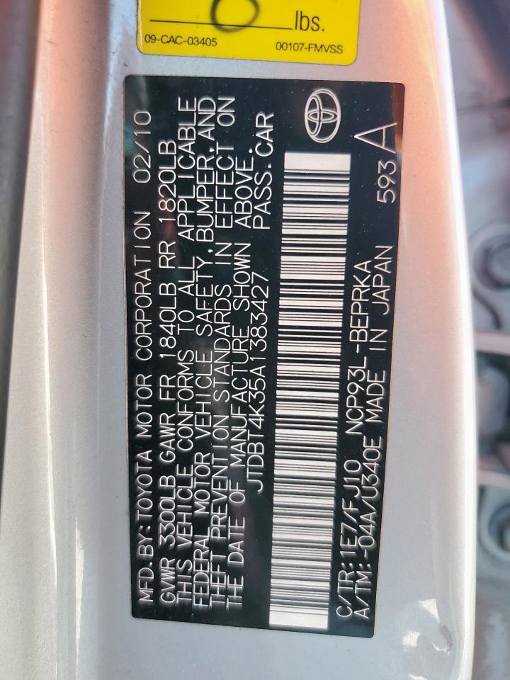 2010 Toyota Yaris VIN: JTDBT4K35A1383427 Lot: 85150305