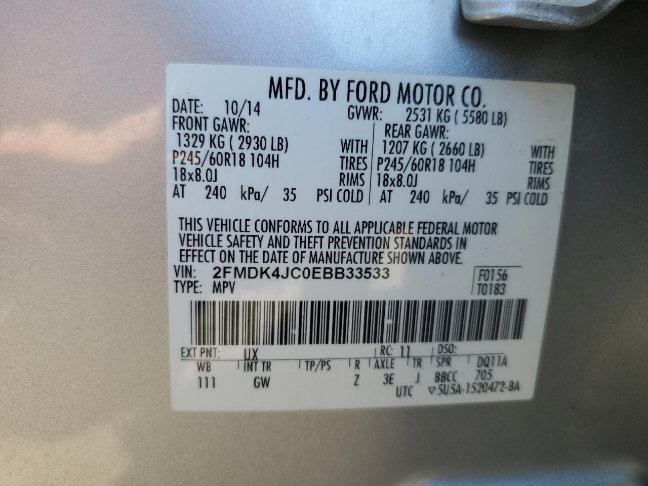 2014 Ford Edge Sel VIN: 2FMDK4JC0EBB33533 Lot: 84805765