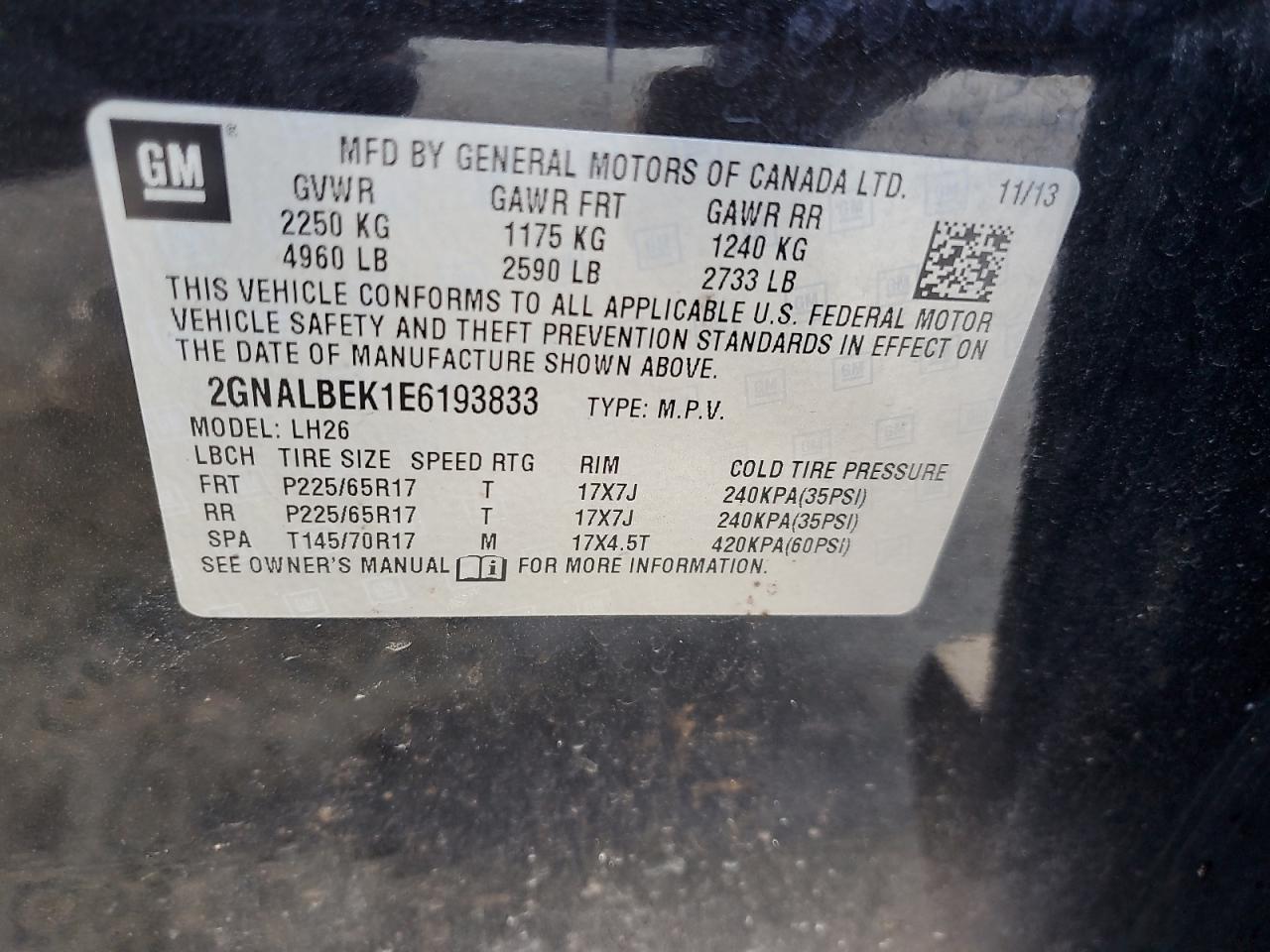 2014 Chevrolet Equinox Lt VIN: 2GNALBEK1E6193833 Lot: 86821565