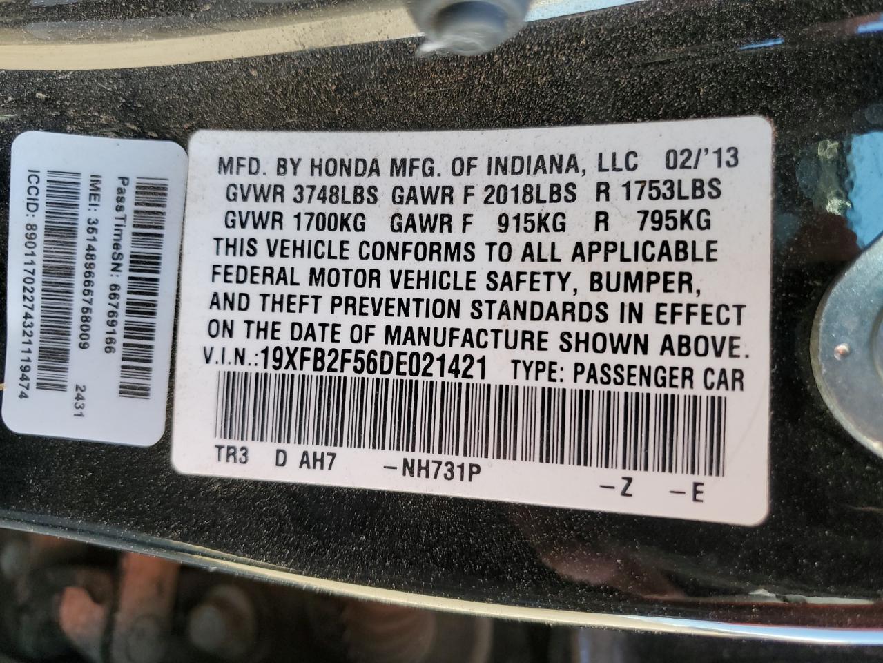 2013 Honda Civic Lx VIN: 19XFB2F56DE021421 Lot: 90938895