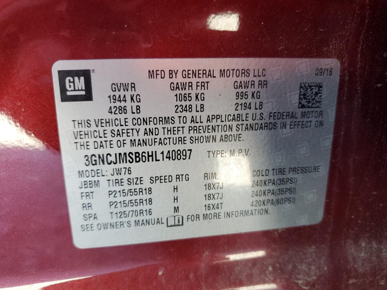 2017 Chevrolet Trax Premier VIN: 3GNCJMSB6HL140897 Lot: 90865335