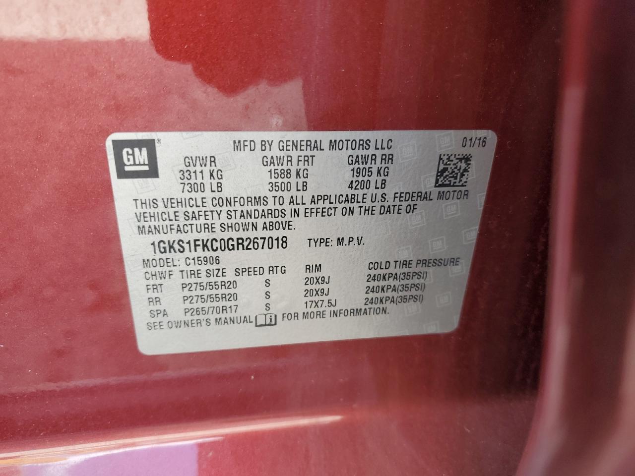 2016 GMC Yukon Xl C1500 Sle VIN: 1GKS1FKC0GR267018 Lot: 90050215