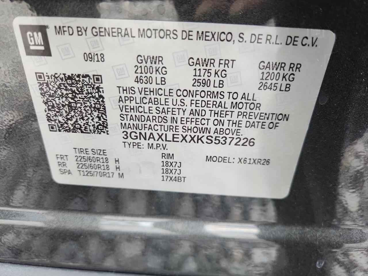 2019 Chevrolet Equinox Lt VIN: 3GNAXLEXXKS537226 Lot: 84954685