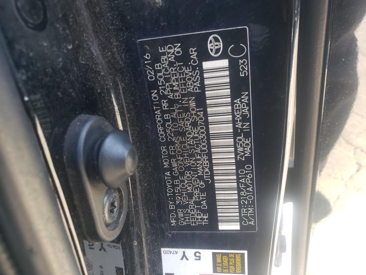 2016 Toyota Prius VIN: JTDKBRFU0G3007041 Lot: 85069105