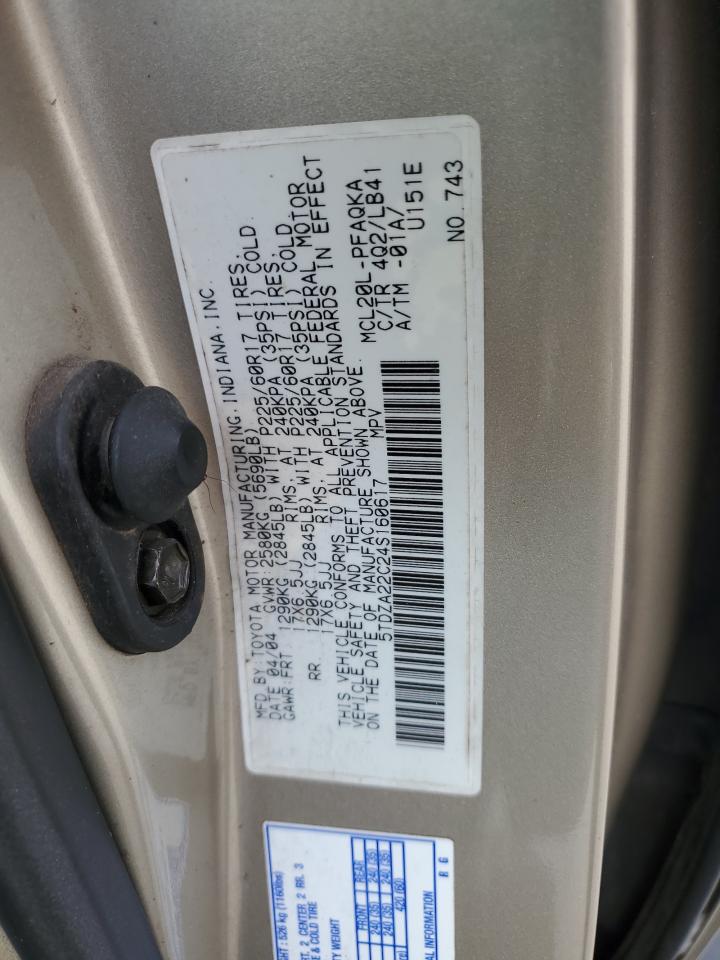 2004 Toyota Sienna Xle VIN: 5TDZA22C24S160617 Lot: 85556835