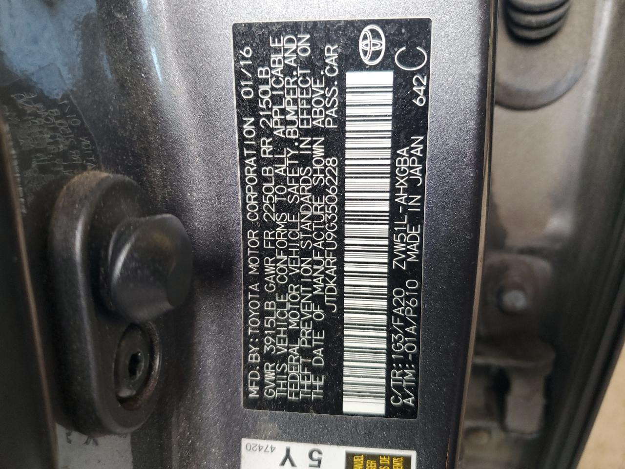 2016 Toyota Prius VIN: JTDKARFU9G3506228 Lot: 90681705