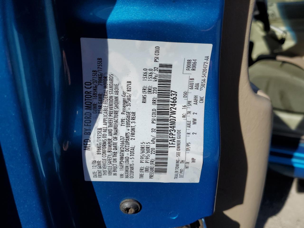 2007 Ford Focus Zx4 VIN: 1FAFP34N07W246637 Lot: 84780735