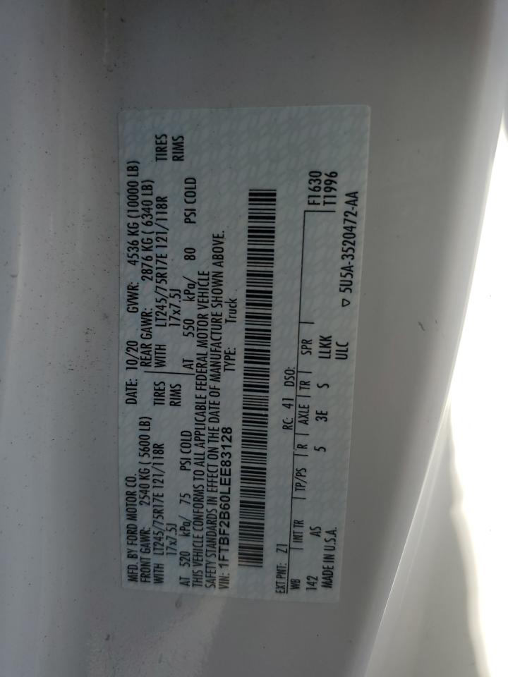 2020 Ford F250 Super Duty VIN: 1FTBF2B60LEE83128 Lot: 83964235