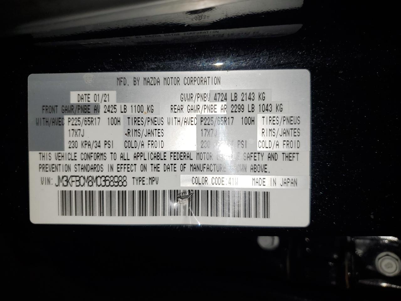 2021 Mazda Cx-5 Touring VIN: JM3KFBCM8M0368988 Lot: 87276425