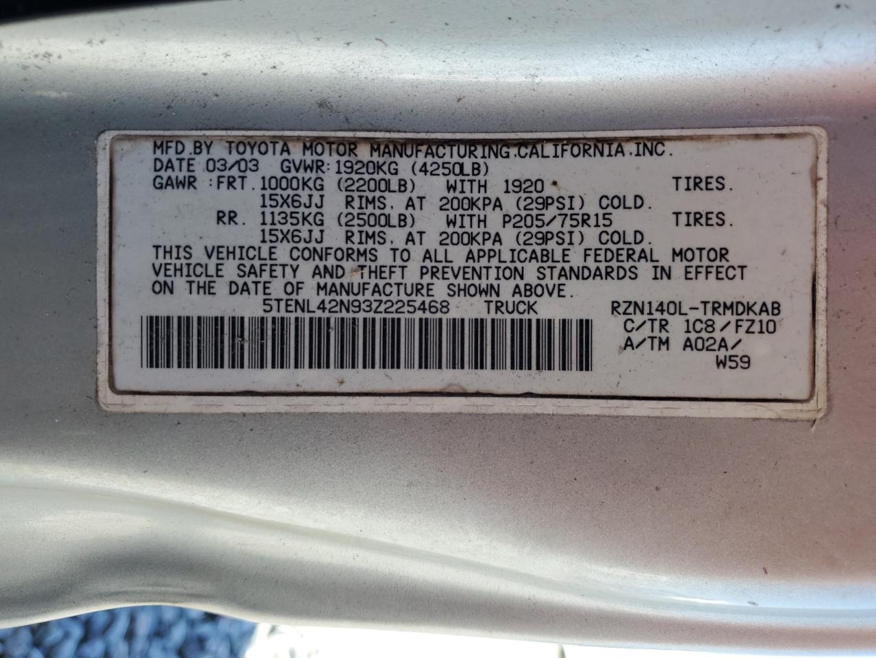 2003 Toyota Tacoma VIN: 5TENL42N93Z225468 Lot: 86508185