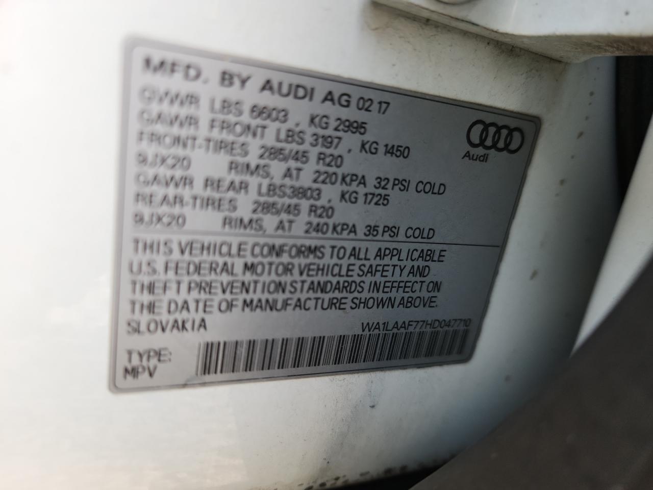 2017 Audi Q7 Premium Plus VIN: WA1LAAF77HD047710 Lot: 85594725