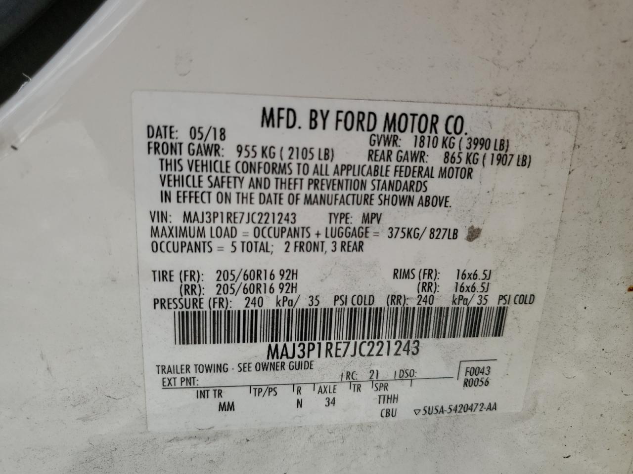 2018 Ford Ecosport S VIN: MAJ3P1RE7JC221243 Lot: 87042785