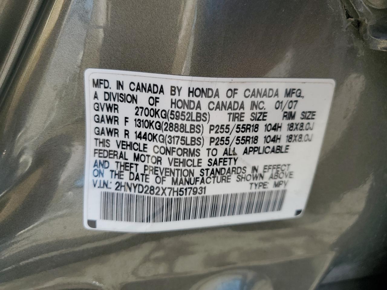 2007 Acura Mdx VIN: 2HNYD282X7H517931 Lot: 89826305