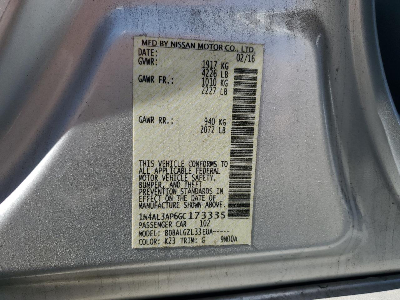 2016 Nissan Altima 2.5 VIN: 1N4AL3AP6GC173335 Lot: 86687365