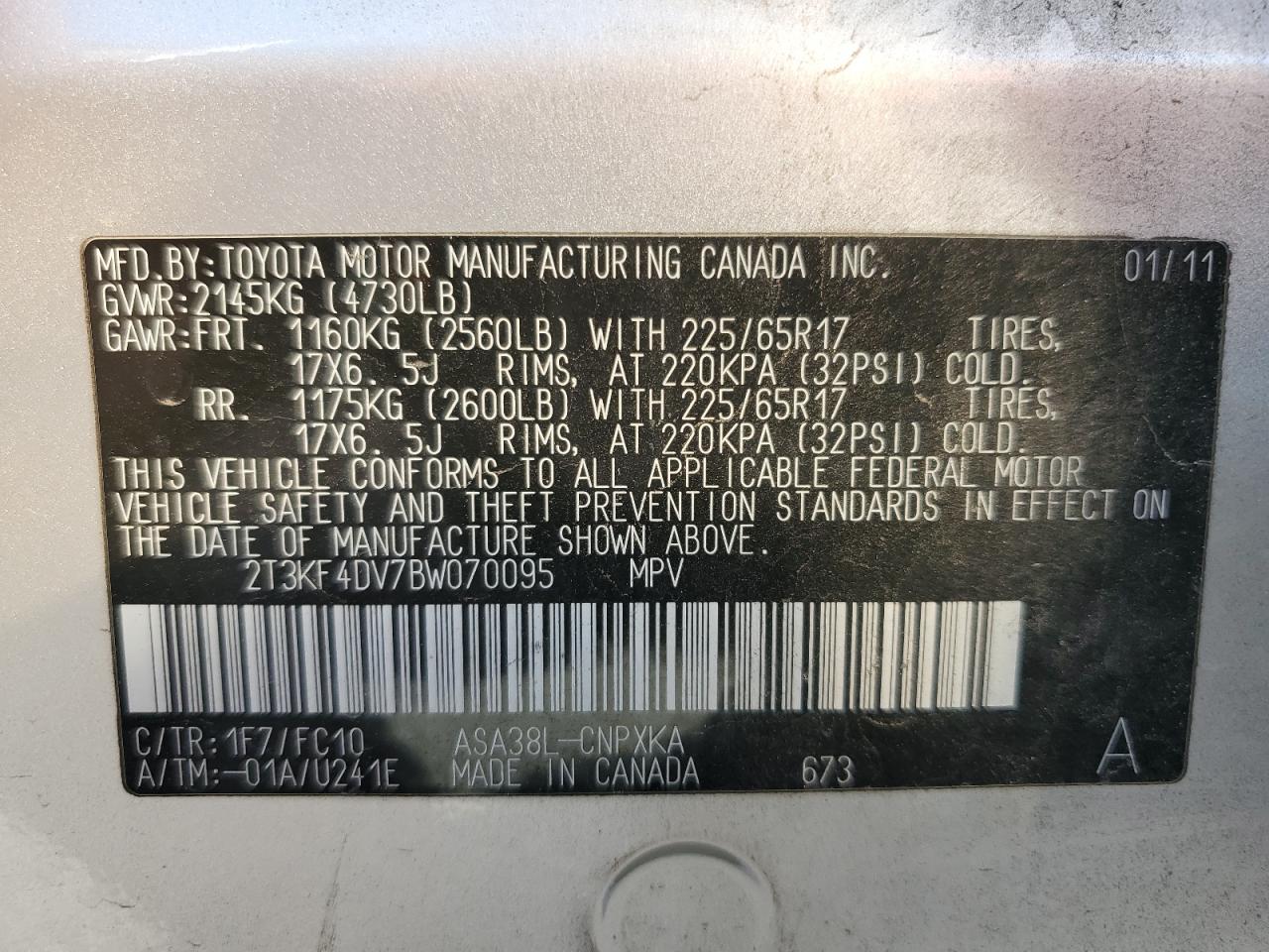 2011 Toyota Rav4 VIN: 2T3KF4DV7BW070095 Lot: 87106695