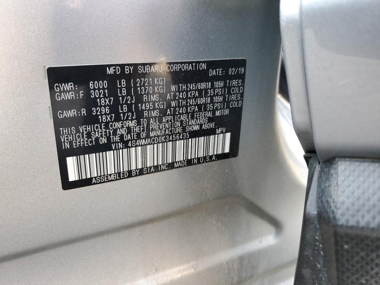 2019 Subaru Ascent Premium VIN: 4S4WMACD0K3456435 Lot: 86183905