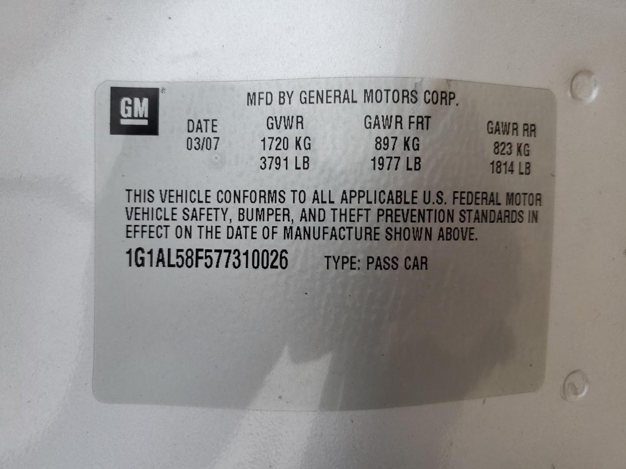 2007 Chevrolet Cobalt Lt VIN: 1G1AL58F577310026 Lot: 89640725