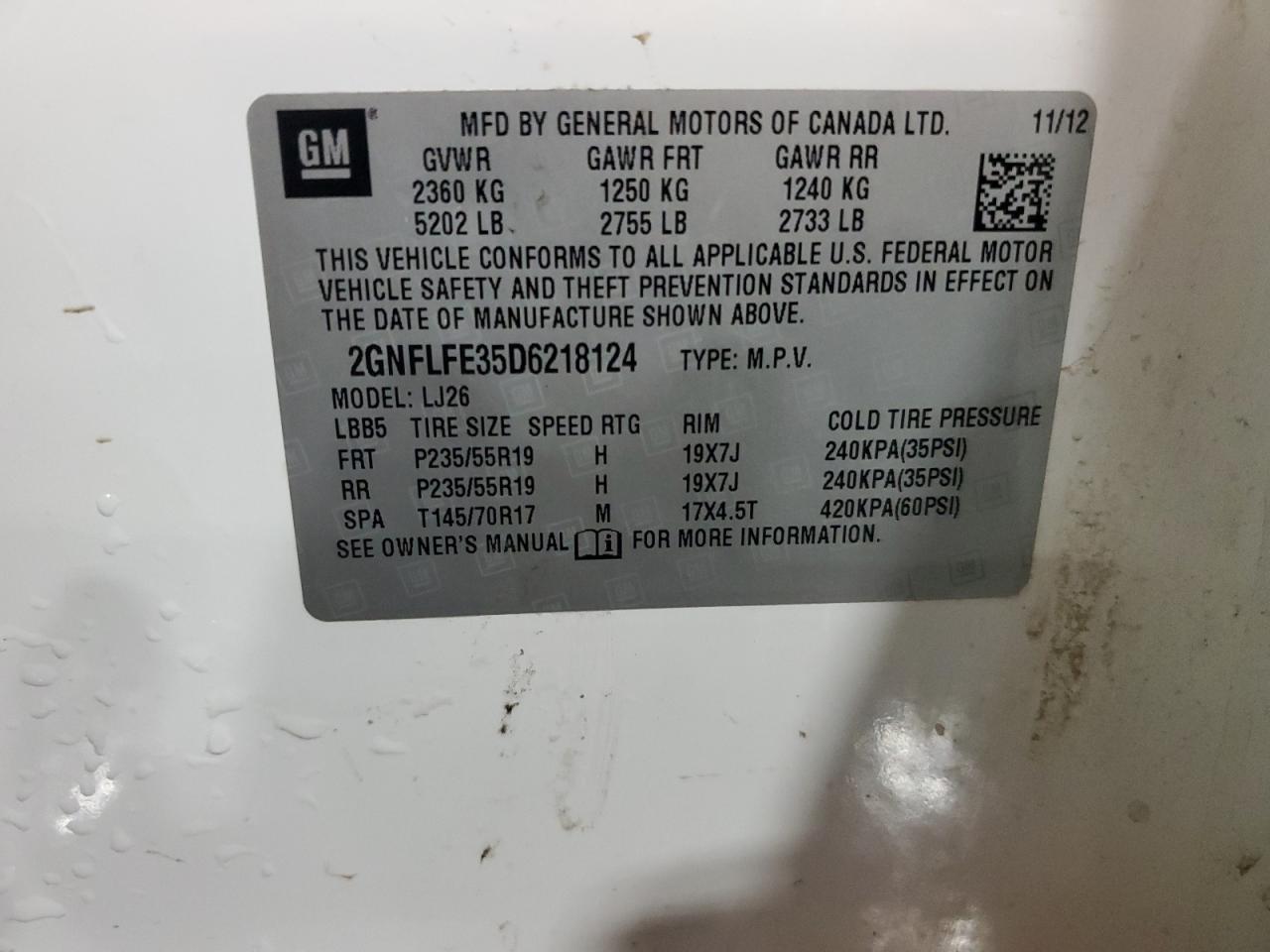 2013 Chevrolet Equinox Ltz VIN: 2GNFLFE35D6218124 Lot: 85906825