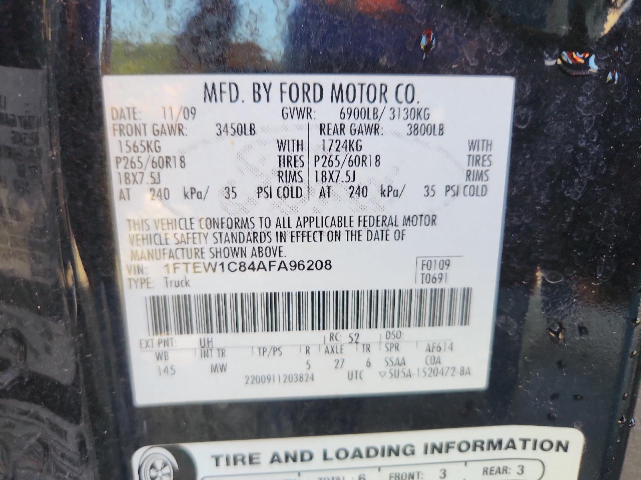 2010 Ford F150 Supercrew VIN: 1FTEW1C84AFA96208 Lot: 87266435