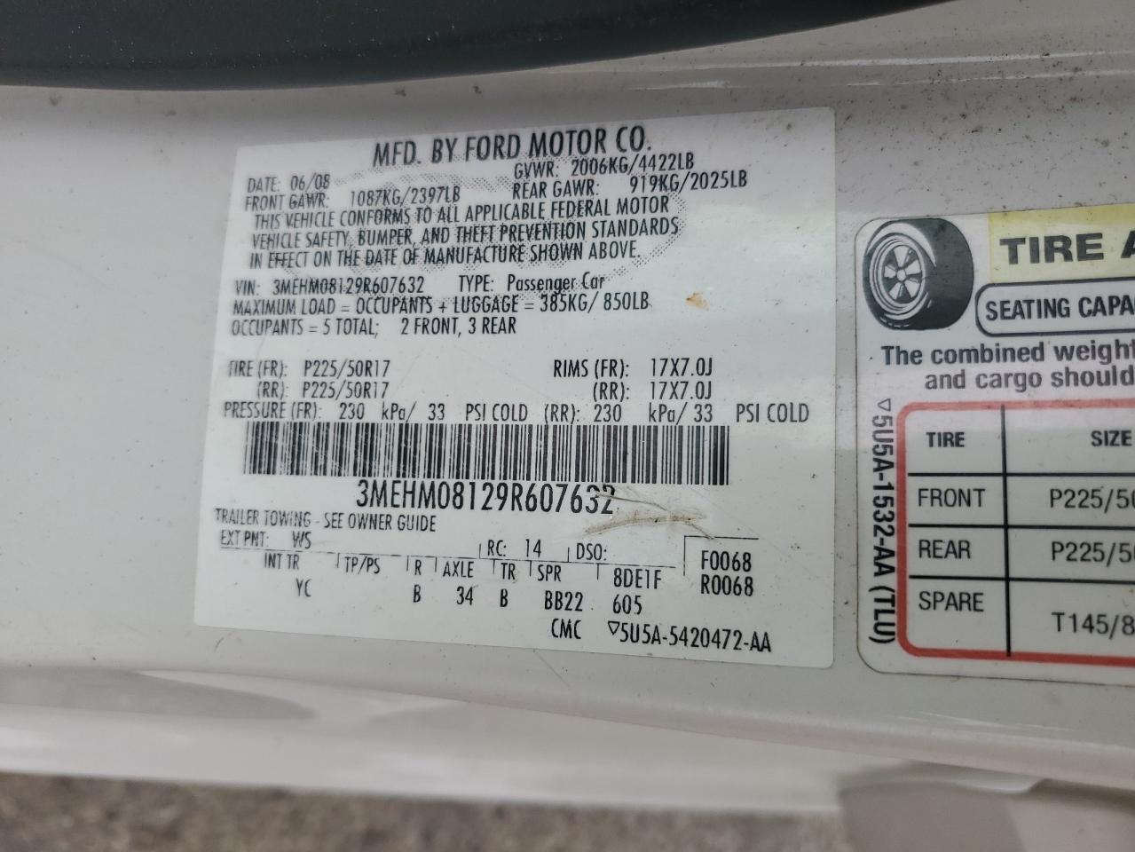 2009 Mercury Milan Premier VIN: 3MEHM08129R607632 Lot: 82258825